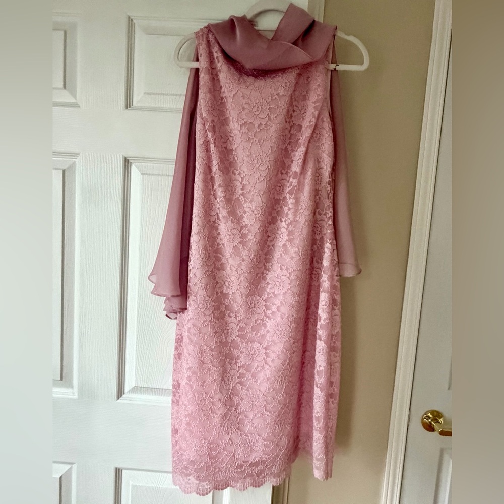 Laura Midi Dress Soft Pink Lace Floral Overlay Scalloped Bottom Chiffon Cape 12 - Picture 2 of 7